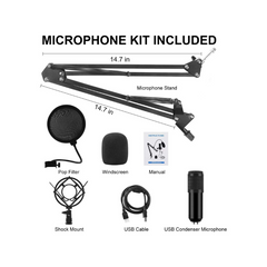 Qishi USB Gaming Microphone Streaming Podcast PC Microphone Condenser Mic Kit with Flexible Arm for Skype Youtuber Gaming Recording Singing PS4 Computer Studio Laptop
