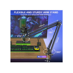 ZealSound Gaming USB Microphone,Noise Cancellation Condenser mic,3.5mm Headphone,RGB Microphone with Mute,Gain,Monitoring,Boom Arm,Pop Filter for Phone,PC,Computer,Mac,Streaming,Podcast